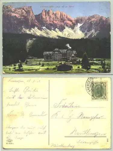 () Ansichstkarte. Karersee-Hotel, Tirol Beschrieben u. postalisch gelaufen 1908