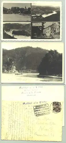 2 x Grein () 2 Ansichtskarten mit ruecks. Stempeln 'Gasthof alte Linde' .... Eine Karte ist postalisch gelaufen, vermutlich 1935 ? / unleserlich