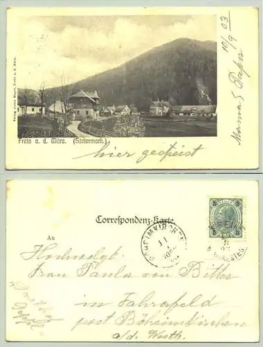 () Ansichtskarte. Frein an der Mürz / Steiermark. Beschrieben u. postalisch gelaufen 1903