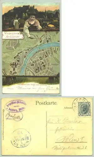 Salzburg (1026104) Ansichtskarte. "Feuchtfröhliche Grüsse aus Salzburg". Postalisch gelaufen 1905