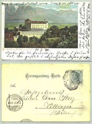 Schloss Amras () Ansichstkarte. 'Schloss Amras bei Innsbruck. Oesterreich. Postalisch gelaufen 1901