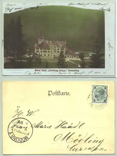 Semmering ()  Ansichstkarte. Grandhotel Erzherzog Johann, Semmering. Oesterreich. Postalisch gelaufen 1900