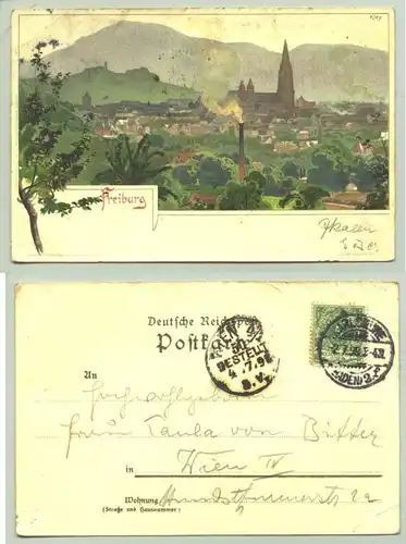 Freiburg 1898 (intern : ) Ansichtskarte. PLZ-Bereich pauschal 79098. Kuenstlerkarte von KLEY