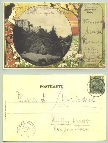 () Badenweiler 1900. Ansichtskarte. Kuenstlerzeichnung 'Frau und Landschaft'. Postalisch gelaufen 1900