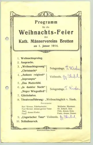 (0080440) Programm fuer die Weihnachtsfeier des Kath. Maennervereins Bretten am 1.1.1914