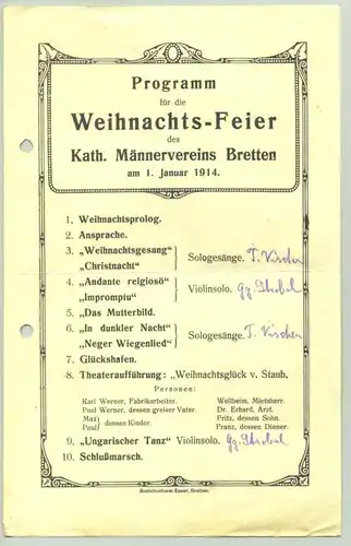 () Programm fuer die Weihnachtsfeier des Kath. Maennervereins Bretten am 1.1.1914