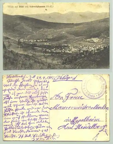 Bühl 1915 (intern : ) Ansichtskarte. Blick auf Buehl und Schweighausen (O.-E.)