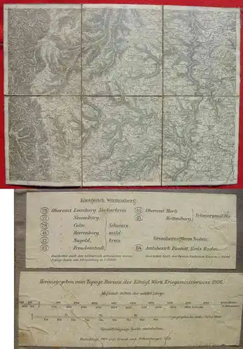 (0080411) Alte Landkarte auf Leinen v. 1914 : 'Hilpertsau - Calw - Baiersbronn - Bondorf'