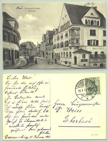 () Ansichtskarte von 1911. Donaueschingen - Karlstrasse. PLZ-Bereich pauschal 78166