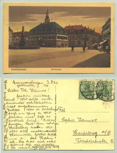 Emmendingen 1921 (intern : ) Ansichtskarte. PLZ-Bereich pauschal 79312. Postalisch gelaufen 1921