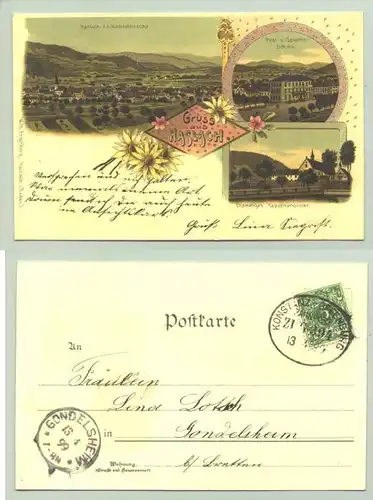 Haslach 1899 (intern : ) Ansichtskarte. PLZ-Bereich pauschal 77704. Mit Bahnpoststempel