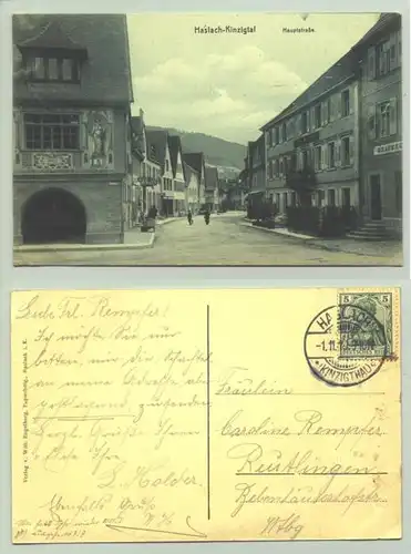 Haslach 1910 (intern : ) Ansichtskarte. Haslach - Kinzigtal, Hauptstrasse. PLZ-Bereich pauschal 77716