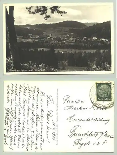 Hinterzarten 1936 (intern : ) Ansichtskarte. PLZ-Bereich pauschal 79856. Postalisch gelaufen 1936