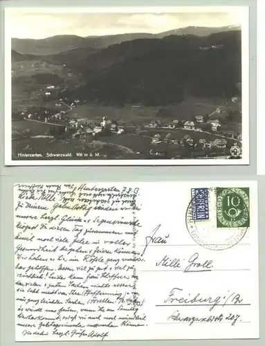 Hinterzarten 1953 (intern : ) Ansichtskarte. PLZ-Bereich pauschal 79856. Postalisch gelaufen 1953