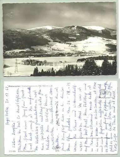 Hinterzarten 1962 (intern : ) Ansichtskarte. PLZ-Bereich pauschal 79856. Beschrieben aber postalisch nicht gelaufen 1962