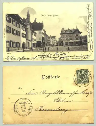(88316-011/ 0081496) Ansichtskarte. "Isny - Marktplatz". Beschrieben u. postalisch gelaufen mit Marke u. Stempel v. 1902
