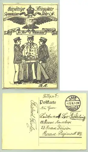 Lahr 1916 (intern : 1007938) Ansichtskarte. Gymnasium Lahr im Kriegsjahr 1916. PLZ-Bereich pauschal 77933