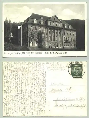 Lahr 1937 (intern : ) Ansichtskarte. HJ.-Gebietsfuehrerschule 'Fritz Kroeber'. PLZ-Bereich pauschal 77933