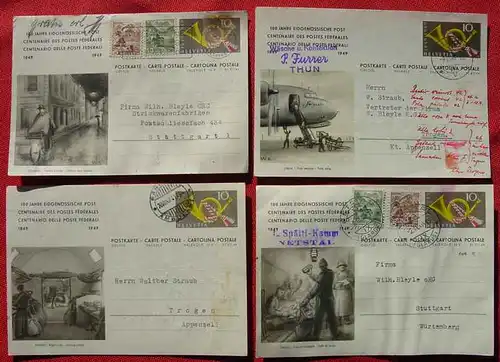 (1039182) 4 Postkarten (Ganzsachen) Schweiz 1949, 100 Jahre Post, Gebrauchsspuren