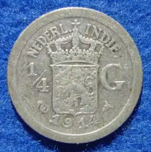 () Niederlaendisch Indien 1 / 4 Gulden 1914 Silbermuenze