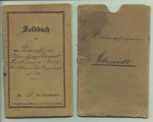 Neu : Versandkosten ab Euro 1,50 () Original "Soldbuch" für einen Unteroffizier Jahrgang 1850 aus Hockenheim, Baden. Ausgestellt vom Badischen Leib-Grenadier-Regiment Nr. 109 : Carlsruhe, 1. Okt. 1875. 24 Seiten, mit zahlreichen Eintragungen....