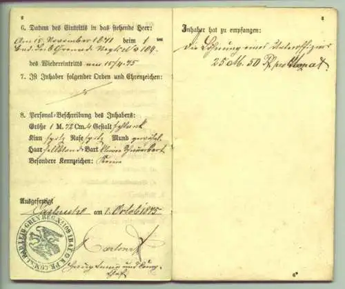 Neu : Versandkosten ab Euro 1,50 () Original "Soldbuch" für einen Unteroffizier Jahrgang 1850 aus Hockenheim, Baden. Ausgestellt vom Badischen Leib-Grenadier-Regiment Nr. 109 : Carlsruhe, 1. Okt. 1875. 24 Seiten, mit zahlreichen Eintragungen....