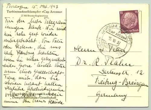 () Ansichtskarte / Postkarte mit Stempel 'Cap Arcona' 1937 # Schiffe