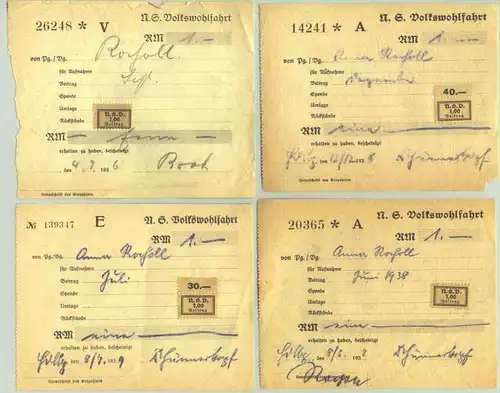 (1010479) 8 x Quittungen N.S. Volkswohlfahrt. Beitraege 1936-1939