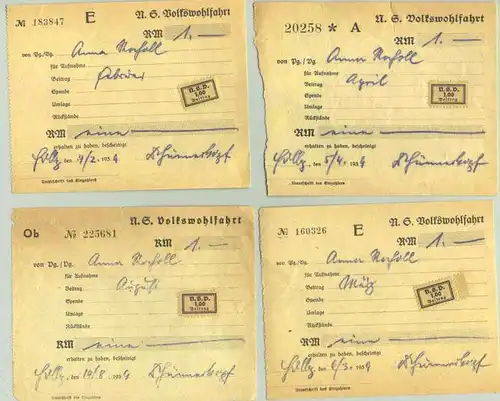 () 8 x Quittungen N.S. Volkswohlfahrt. Beitraege 1936-1939