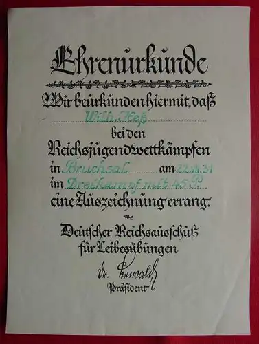 (1011686) Sport-Urkunde von 1931 Reichsjugendwettkaempfe Ehrenurkunde