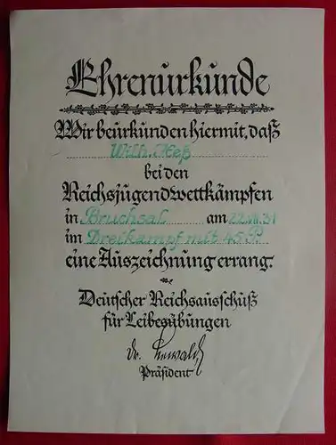 () Sport-Urkunde von 1931 Reichsjugendwettkaempfe Ehrenurkunde