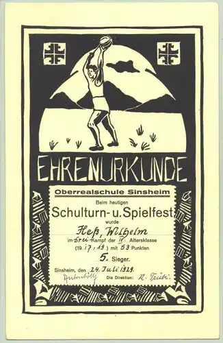 (1011707) Ehrenurkunde. Oberrealschule Sinsheim (Elsenz) 1929
