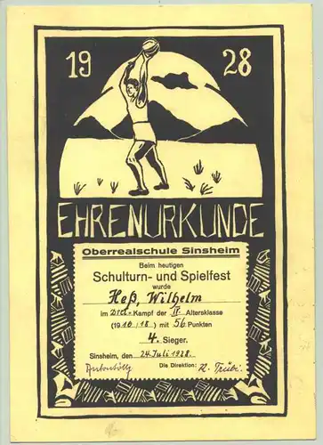 (1011708) Ehrenurkunde. Oberrealschule Sinsheim (Elsenz) 1928