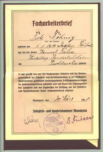 (1024032) Facharbeiterbrief eines Buchdruckers von 1938. Handelskammer Mannheim