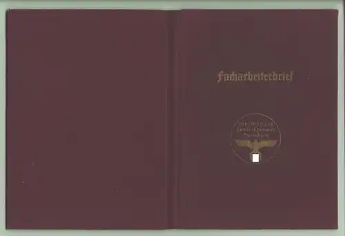 () Facharbeiterbrief eines Buchdruckers von 1938. Handelskammer Mannheim