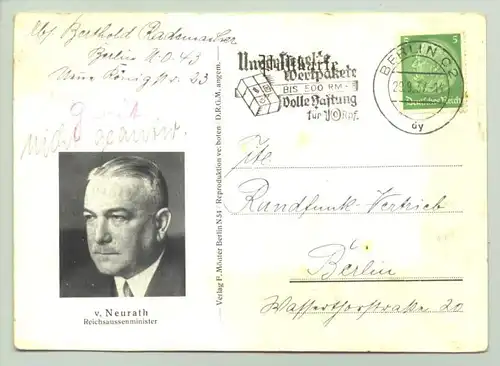 (1010008) Postkarte mit Bild : Reichsaussenminister Neurath, 1937 Berlin