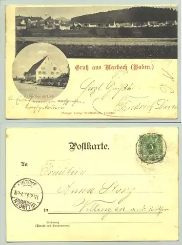 (78052-011) Ansichtskarte. Gruss aus Marbach (Baden). Mit Gasthaus zur Linde. Beschrieben u. postal. gelaufen mit Marke u. Stempel v. 1900. Verlag Schittenhelm, Villingen