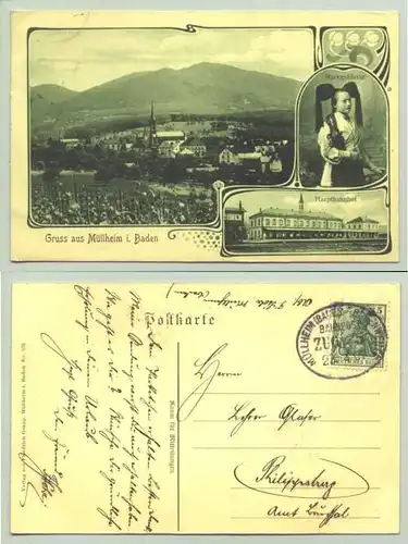 (79379-011) Ansichtskarte. "Gruss aus Müllheim i. Baden". Hauptbahnhof. Beschrieben u. postalisch gelaufen mit Marke u. Bahnpoststempel v. 1907. Verlag Fr. Grapp, Muellheim