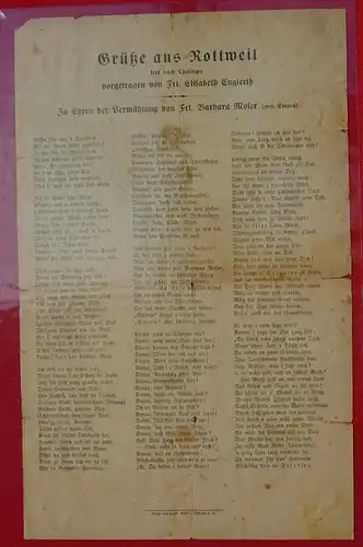 (1031053) Rottweil Gedichtsblatt um 1910-30 ? Druck von Heinr. Eller in Rottweil a. N. / Alter nicht bekannt, um 1900 bis 1930 ?