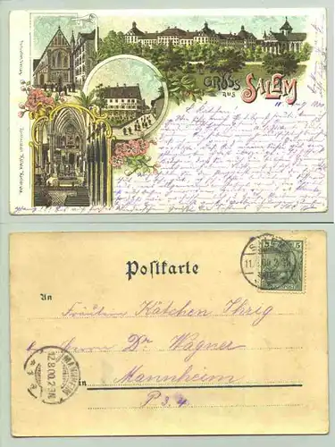 (88682-011) Ansichtskarte. Gruss aus Salem. 4 herrl. Zeichn. mit verziert. Rahmen u. Bluetenschmuck (Gasth. Schwanen, u.a.). Beschrieben und postalisch gelaufen mit Marke u. Stempel v. 1900. Kunstanstalt Koelble, Karlsruhe