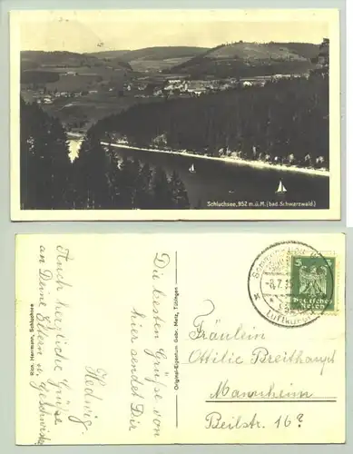 Schluchsee 1925 (intern : ) Ansichtskarte. PLZ-Bereich pauschal 79859. Postalisch gelaufen 1925