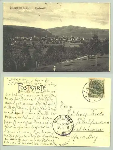 () Schopfheim. Ansichtskarte. PLZ-Bereich pauschal 79650. Postalisch gelaufen 1905