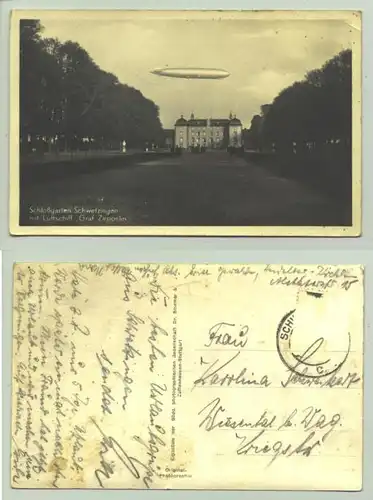 (68723-011) Ansichtskarte. Schlossgarten Schwetzingen mit Luftschiff - Graf Zeppelin. Um 1935