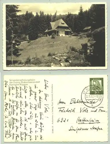 (1024172) St. Blasien 1962. Ansichtskarte. 'Haus Friedegart'. PLZ-Bereich pauschal 79837. Postalisch gelaufen 1962