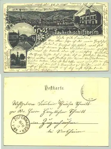 (97941-101) Ansichtskarte. "Gruss aus Tauberbischofsheim". Beschrieben u. postalisch gelaufen ( Marke sauber abgeloest) u. Stempel v. 1901. K. Weinig, Tb