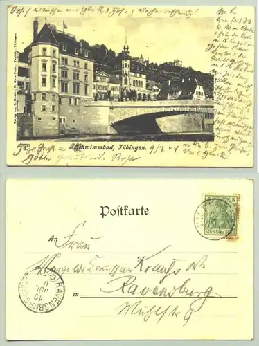 (0081194) Ansichtskarte. Tübingen - Schwimmbad (Schwimmhalle). PLZ-Bereich pauschal 72074. Postalisch gelaufen 1904