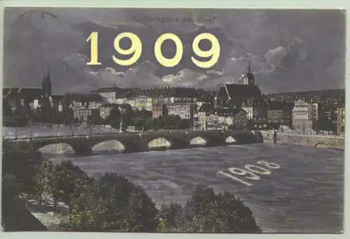 () Ansichtskarte aus der Schweiz. "Neujahrsgruss aus Basel 1909". Beschrieben u. postalisch gelaufen mit Marke u. Stempel v. 1909