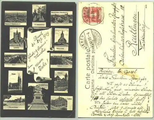 (1018435) Ansichtskarte aus der Schweiz mit zahlreichen Motiven von Basel. Beschrieben u. postalisch gelaufen mit Marke u. Stempel v. 1909