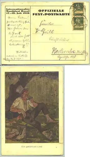 () Ansichtskarte aus der Schweiz. "Internationales Musikfest Basel 17. - 19. Juli 1926". Offizielle Fest-Postkarte