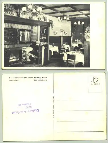 (1020320) Ansichtskarte. Restaurant-Grillroom Sonne, Bern, Baerenplatz 7. Postalisch nicht gelaufen, eventuell von 1950 oder aelter ??